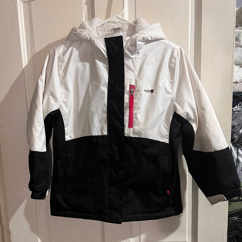 Swiss Tech Girls Kids Outerwear Hooded  Coat White And Black Pink Medium 7-8